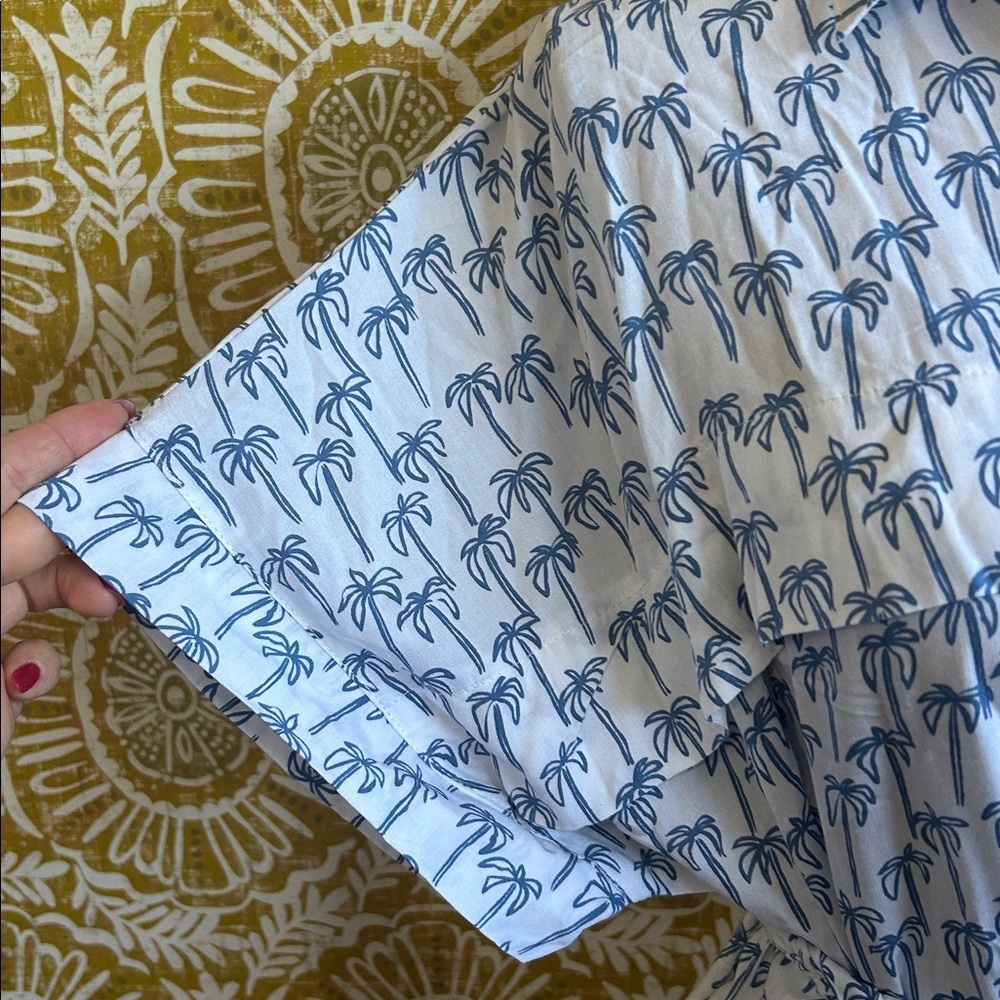 Skemo Palmerita Palm Print Short Sleeve Tie Waist Shirt Midi Dress White/Navy M - Picture 8 of 14